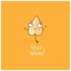 Autumn card with cute cartoon leaf. Poster with funny plant. Fall season. Falling leaves. Illustration for kids. Vector contour colorfool image.