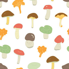 Vector seamless pattern with forest edible mushrooms on white background. Great for fabrics, wrapping papers, wallpapers, covers. Flat style with lines.