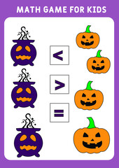 More, less or equal. Halloween theme. Math game for preschool kids. Educational worksheet for children. Activity book for kindergarten. Learning to count and to compare.