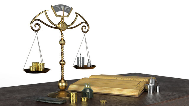 Realistic 3d render illustration articulated scales of moneylender with golden coins, weights and ledger on isolated background