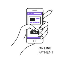 Online payment concept - woman's hand holding the phone and pressing the pay button.