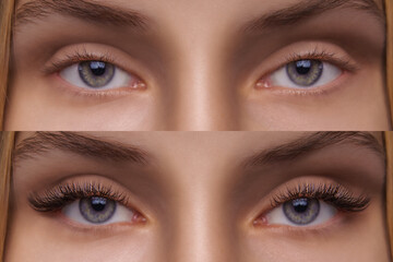 Eyelash Extension. Comparison of female eyes before and after. - 377155680