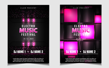 Music poster design background template with elegant pink light on dark. Electro music and party night dance concept graphic can use for club night invitation, festival flyer, business event promotion