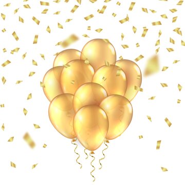 Gold balloon background. Golden realistic 3D balloons foil glitter mockup. Vector anniversary background