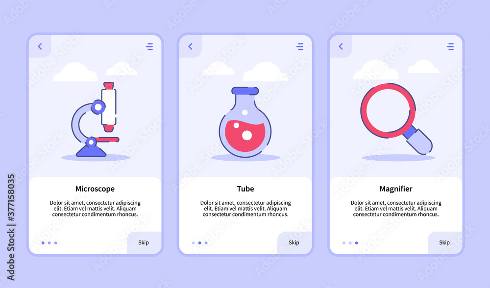 Poster medical icon microscope tube magnifier onboarding screen for mobile apps template banner page ui wit