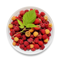 White plate with ripe red and yellow raspberry isolated on white background top view. Berry harvest.
