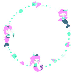 Round frame of cute pretty good girls mermaids with bubbles, seashells and fish. Cartoon template on a white background. For nursery interior, greeting card and baby shower. Scandinavian style. Vector