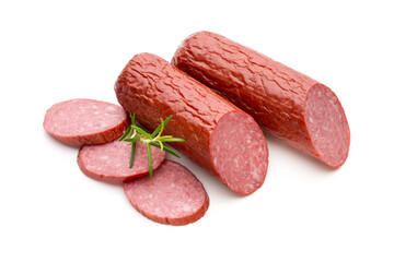 Salami smoked sausage, basil leaves on white background cutout.