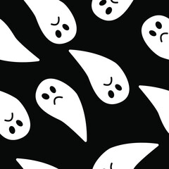 Seamless pattern with white ghosts on black background. Simple cartoon style. Cute and funny. Halloween decoration. Scary and creepy creatures. For postcards, wallpaper, textile and wrapping paper