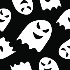 Seamless pattern with white ghosts on black background. Simple cartoon style. Cute and funny. Halloween decoration. Scary and creepy creatures. For postcards, wallpaper, textile and wrapping paper