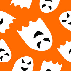 Seamless pattern with white ghosts on orange background. Simple cartoon style. Cute and funny. Halloween decoration. Scary and creepy creatures. For postcards, wallpaper, textile and wrapping paper