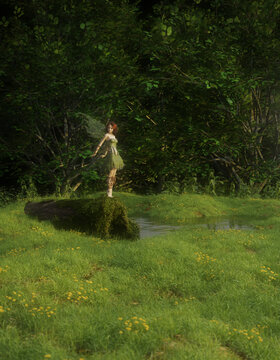 Pretty brunette fairy standing on a mossy log by a pond in the forest, 3d digitally rendered illustration