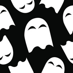 Seamless pattern with white ghosts on black background. Simple cartoon style. Cute and funny. Halloween decoration. Scary and creepy creatures. For postcards, wallpaper, textile and wrapping paper