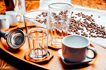 Variety of coffee cup and Coffee beans on a wooden table