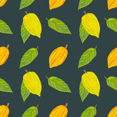 Fototapeta na wymiar Seamless pattern colorful cocoa fruits and leaves on a dark green background. Design for wallpaper, background, fabric, textile, cafe, restaurant, exotic, packaging, web.