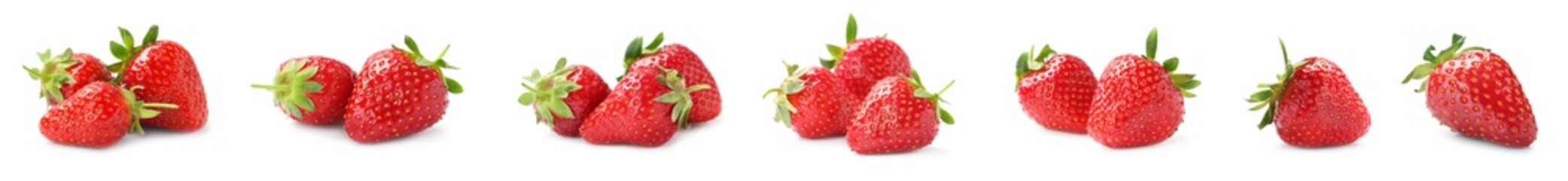 Set of delicious ripe strawberries on white background. Banner design