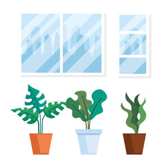 house place interior scene with pot plants nature decoration vector illustration design
