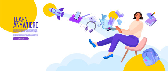 Online school or university education illustration with flying student using laptop, levitating stationery. E-learning or internet training vector concept with woman, rocket. Online education banner