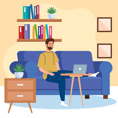 home working, freelancer man with laptop on sofa, working from home in relaxed pace, convenient workplace vector illustration design