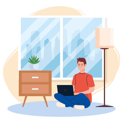 home working, freelancer man sitting in floor, working from home in relaxed pace, convenient workplace vector illustration design