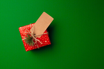 Christmas gifts with paper tag top view
