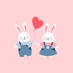 Obraz premium Cute bunnies in love, Valentine's Day gift, declaration of love, heart-shaped balloons. Cute print for kids room decor, t-shirts, postcards. Vector illustration on pink background for children.