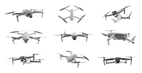 Modern drone on white background, views from different sides. Banner design