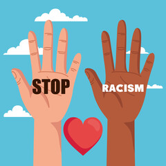 stop racism, with hand and heart and clouds on background, black lives matter concept vector illustration design
