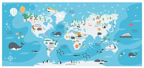 Die Weltkarte mit Zeichentricktieren für Kinder, Natur, Entdeckung und Kontinentname, Ozeanname, Vektorillustration. © Nikhom
