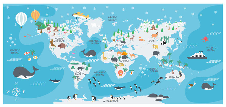The world map with cartoon animals for kids, nature, discovery and continent name, ocean name, vector Illustration. © Nikhom