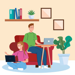 home working, freelancer couple with laptops in living room, working from home in relaxed pace, convenient workplace vector illustration design