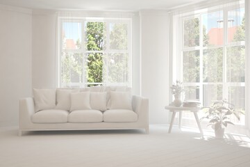 White minimalist living room with sofa. Scandinavian interior design. 3D illustration
