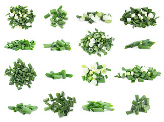 Set of cut green onions on white background