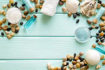 Spa set bar of sea cosmetics - aroma oil and blue salt. Above view