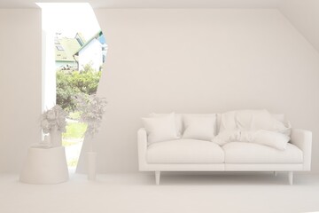 White minimalist living room with sofa. Scandinavian interior design. 3D illustration