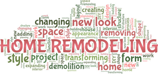 Home remodeling vector illustration word cloud isolated on a white background.