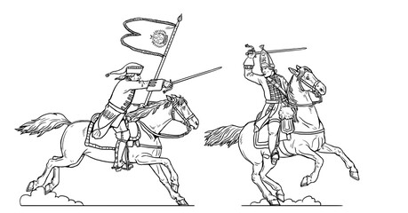 Duel of the cavalrymen. French ensign against the english dragoon. Seven Years' War historical drawing.