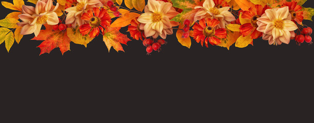 Fall floral banner, header with copy space. Bouquets of autumn flowers and leaves isolated on dark background.