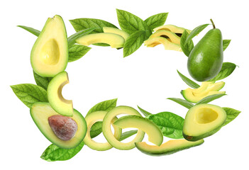 Frame of ripe avocados on white background
