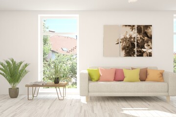White living room with sofa and summer landscape in window. Scandinavian interior design. 3D illustration