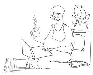 Simple one line drawing of happy female freelancer working with paper, laptop and cup of coffee.
One continuous line drawing of woman working with tablet.
