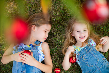 little girls with long hair in denim overalls lie on the grass under a palm tree with red Christmas toys. happy carefree childhood. new year in the tropics.