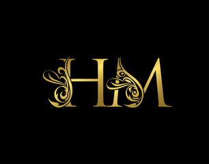 Gold H, M and HM Luxury Letter Logo Icon. Graceful royal style. Luxury alphabet arts logo.