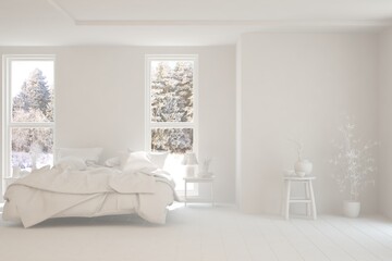 Modern bedroom in white color. Scandinavian interior design. 3D illustration