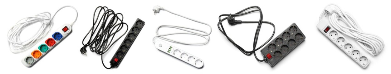 Set of different power boards on white background, top view. Electrician's equipment, banner design