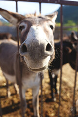 donkey stuck his face through the bars on the farm