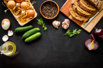 Food background. Dinner table with fresh homemade food. Top view