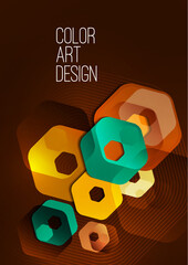 Bright abstract background of rounded multicolored hexagons and lines. Business presentation template. Modern geometric design. Vector