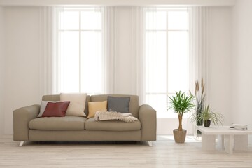White living room with sofa. Scandinavian interior design. 3D illustration