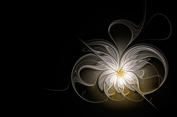 Abstract fractal light flower on black background. Copy space